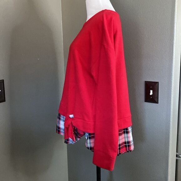Izod Women’s Long Sleeve Tie Front 2-Fer Sweatshirt Red Plaid - Picture 9 of 9